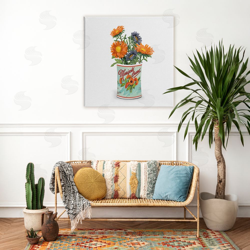 Val Rhodes Nostalgic Marigold Tin Bouquet Stretched Canvas Wall Art in Room