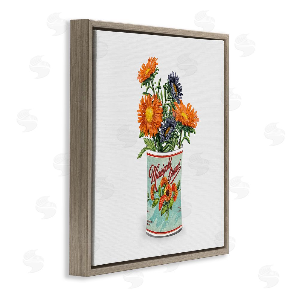 Val Rhodes Nostalgic Marigold Tin Bouquet Brown Floating Framed Canvas Wall Art