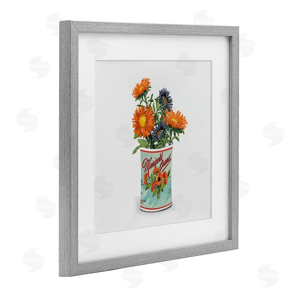 Val Rhodes Nostalgic Marigold Tin Bouquet Gray Framed Print Under Glass Wall Art