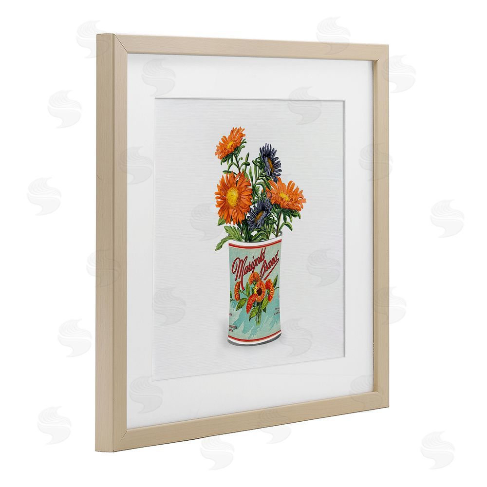 Val Rhodes Nostalgic Marigold Tin Bouquet Brown Framed Print Under Glass Wall Art
