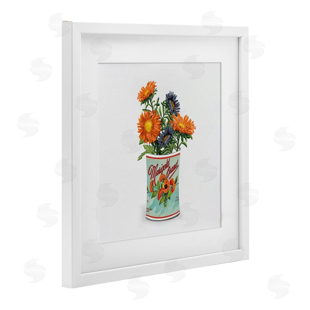 Val Rhodes Nostalgic Marigold Tin Bouquet White Framed Print Under Glass Wall Art