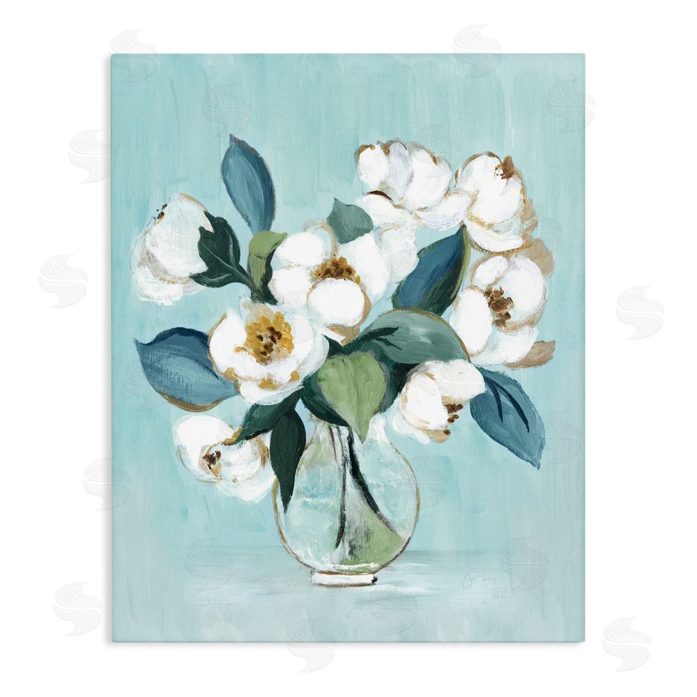 Janet Tava Magnolia Arrangement over Blue Stretched Canvas Wall Art