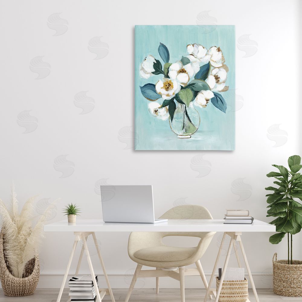 Janet Tava Magnolia Arrangement over Blue Stretched Canvas Wall Art in Room