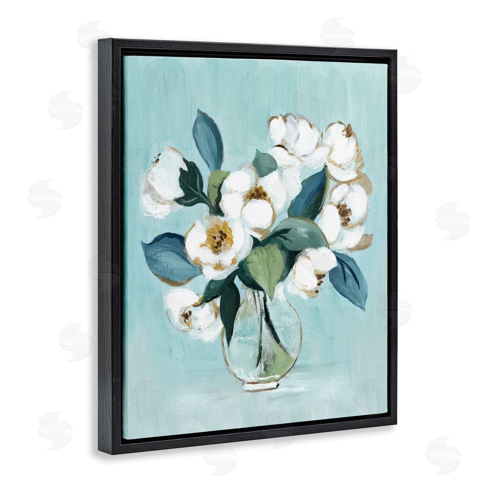 Janet Tava Magnolia Arrangement over Blue Black Floating Framed Canvas Wall Art