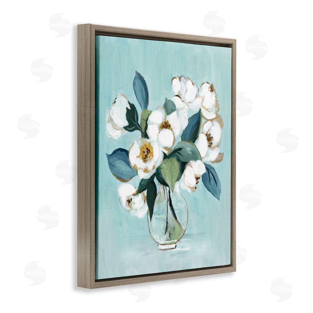 Janet Tava Magnolia Arrangement over Blue Brown Floating Framed Canvas Wall Art