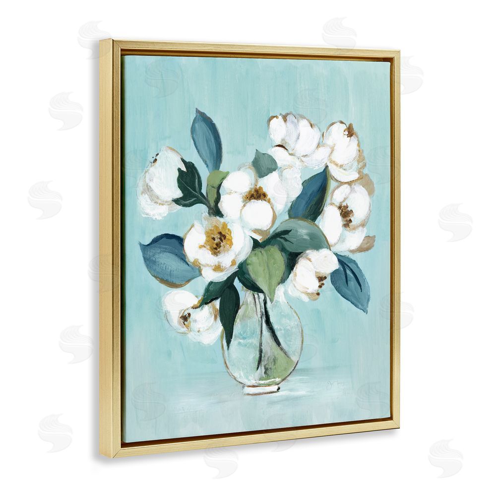 Janet Tava Magnolia Arrangement over Blue Gold Floating Framed Canvas Wall Art