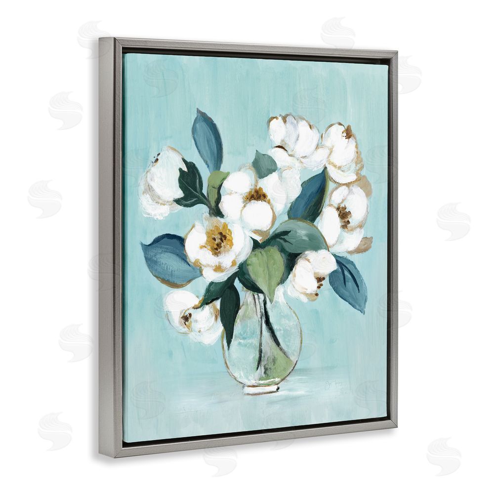 Janet Tava Magnolia Arrangement over Blue Gray Floating Framed Canvas Wall Art