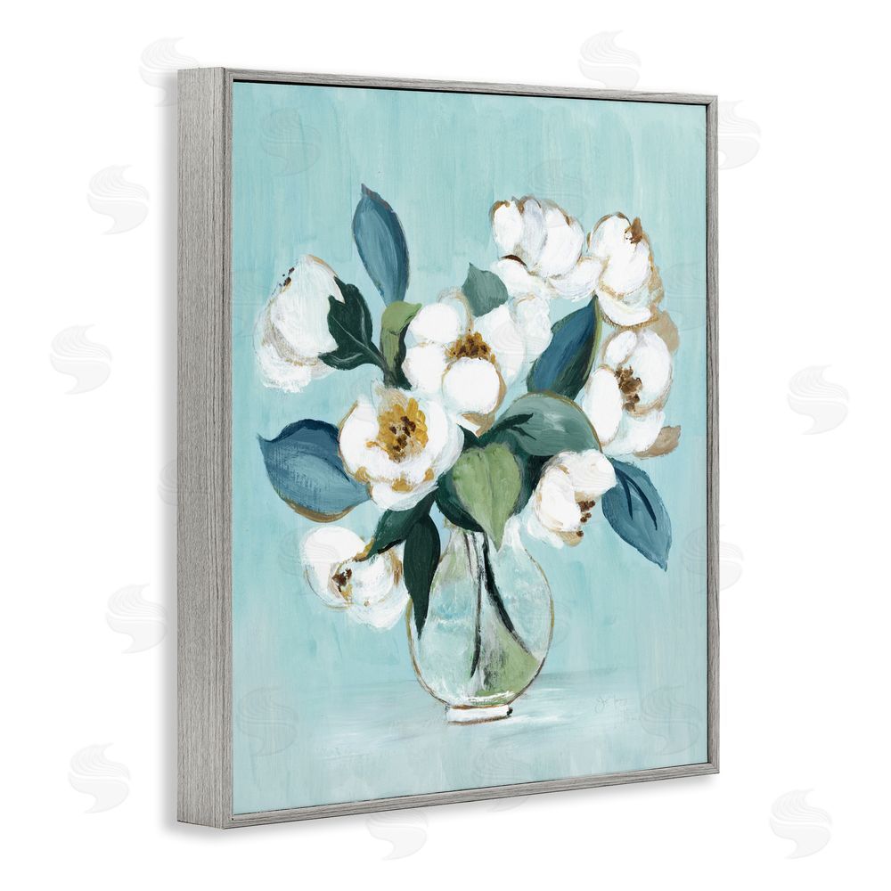Janet Tava Magnolia Arrangement over Blue Gray Framed Giclee Wall Art