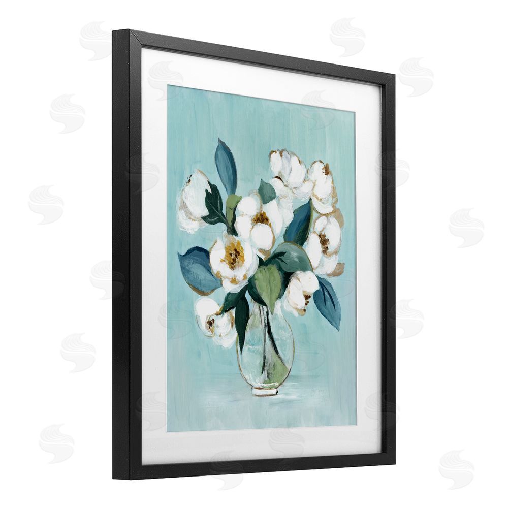 Janet Tava Magnolia Arrangement over Blue Black Framed Print Under Glass Wall Art