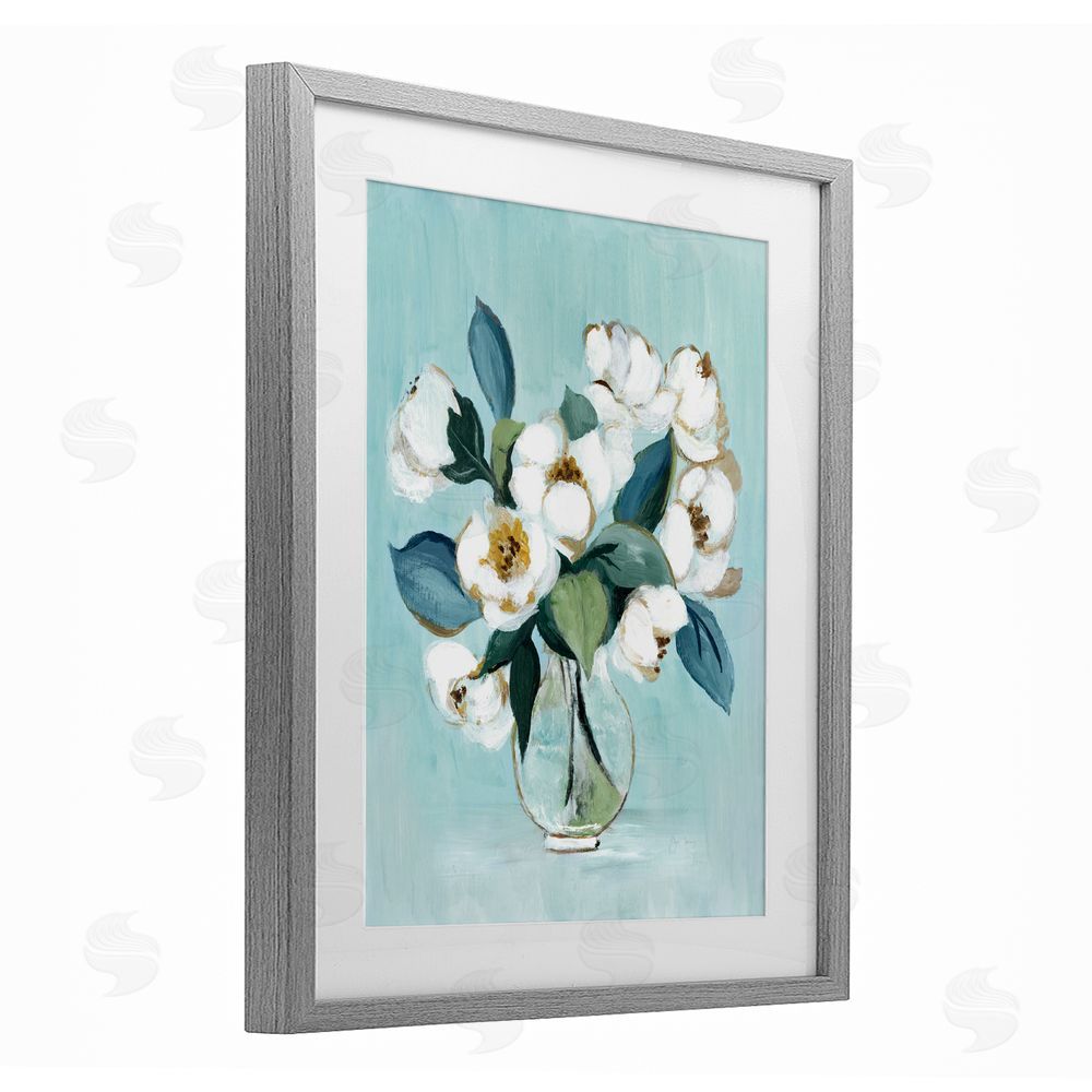 Janet Tava Magnolia Arrangement over Blue Gray Framed Print Under Glass Wall Art