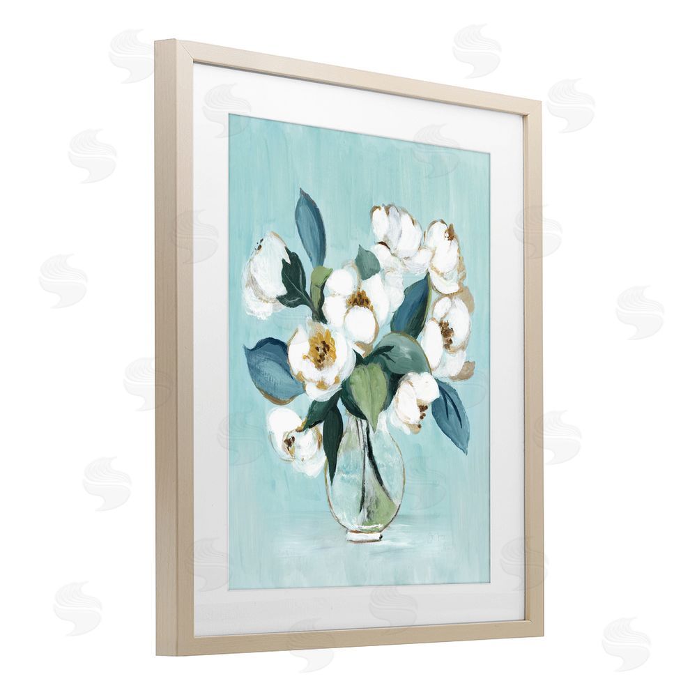 Janet Tava Magnolia Arrangement over Blue Brown Framed Print Under Glass Wall Art