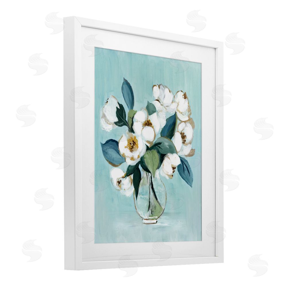 Janet Tava Magnolia Arrangement over Blue White Framed Print Under Glass Wall Art