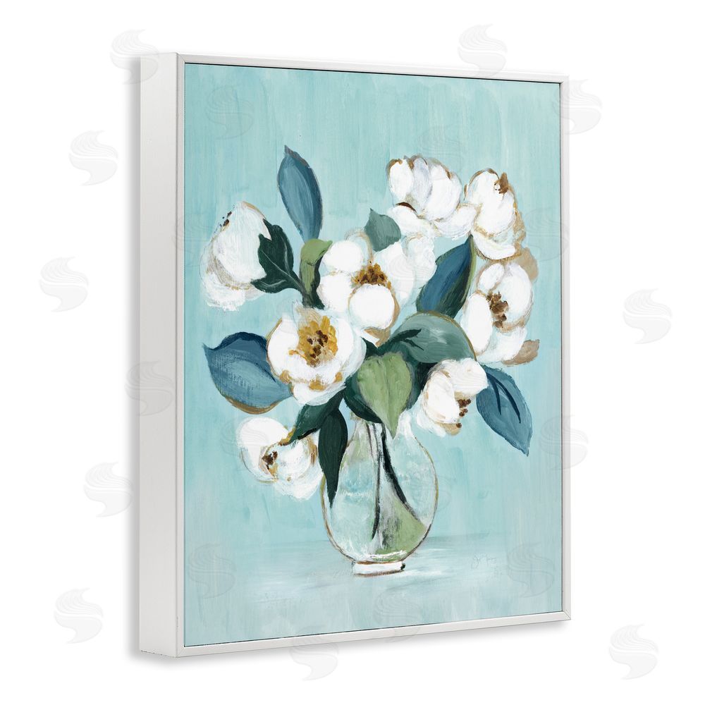 Janet Tava Magnolia Arrangement over Blue White Framed Giclee Wall Art