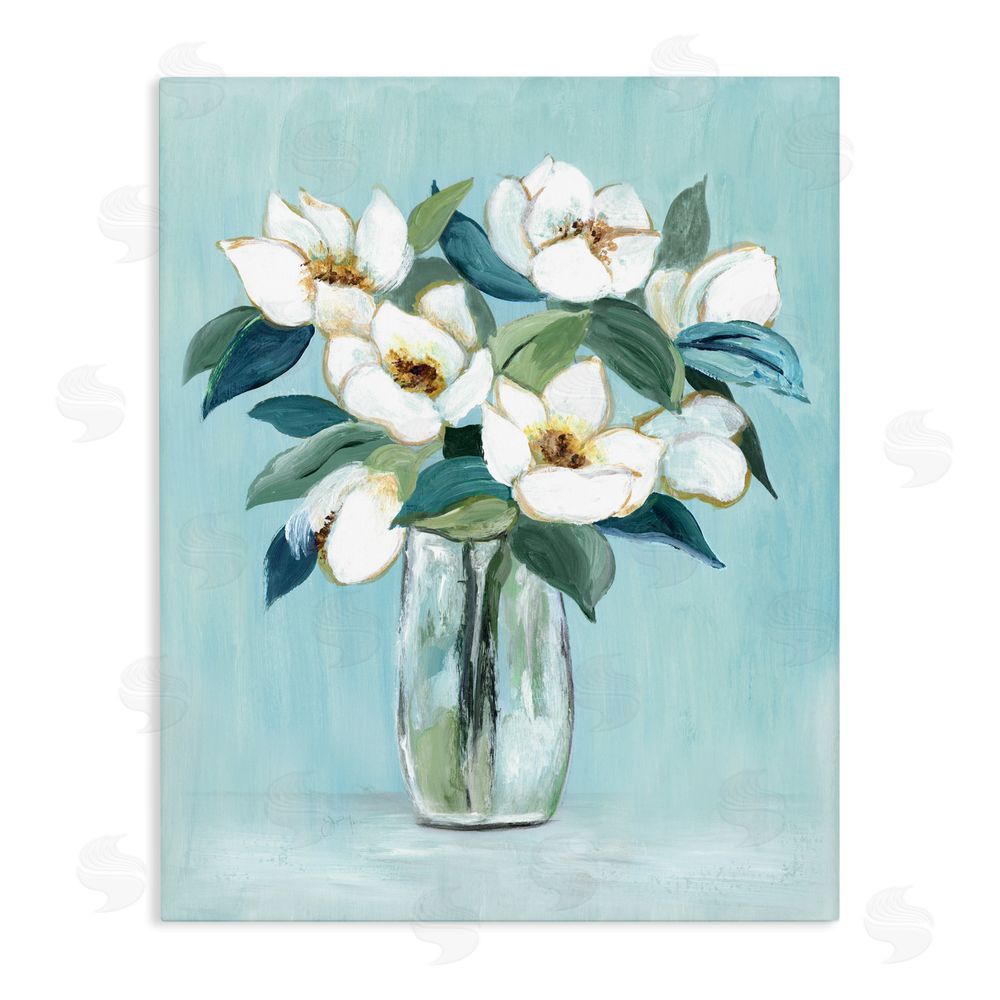 Janet Tava Magnolia Blossoms on Blue Stretched Canvas Wall Art