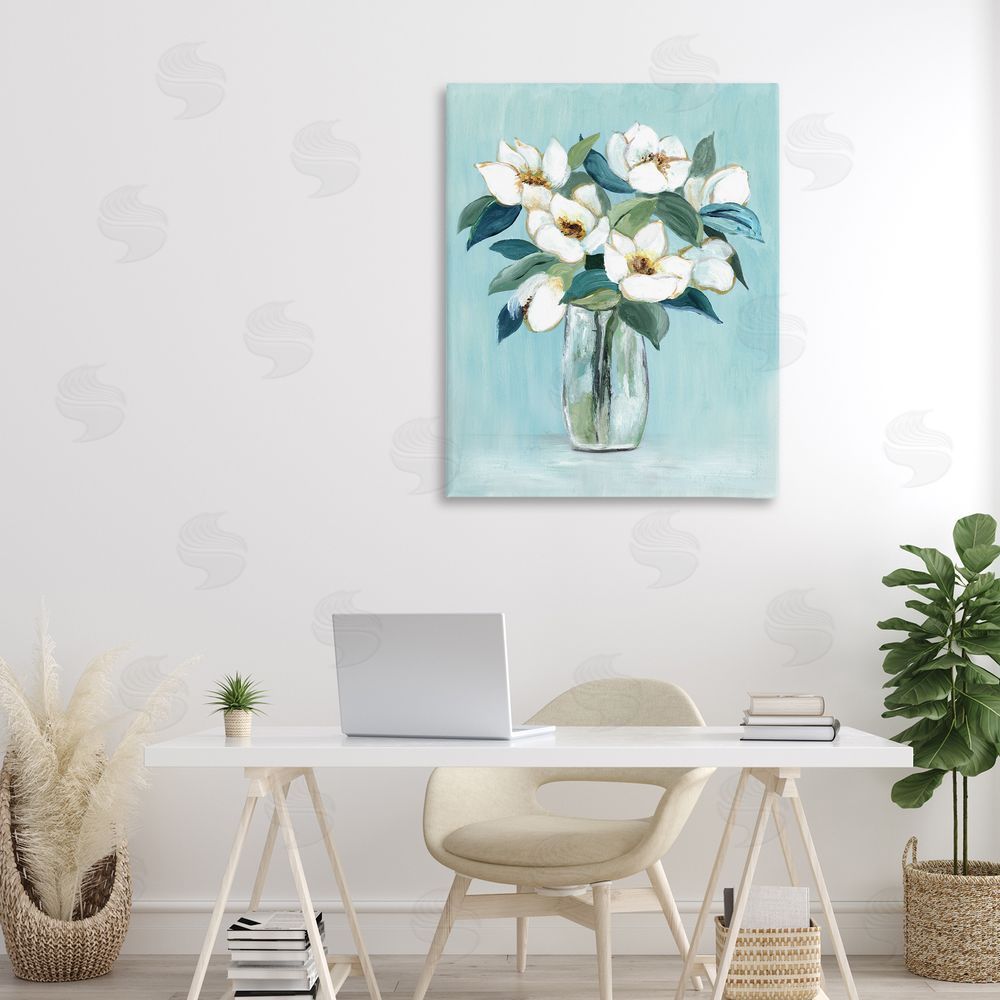 Janet Tava Magnolia Blossoms on Blue Stretched Canvas Wall Art in Room