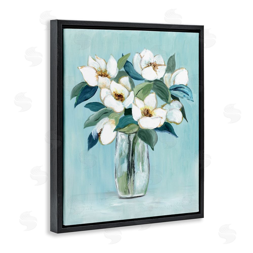 Janet Tava Magnolia Blossoms on Blue Black Floating Framed Canvas Wall Art