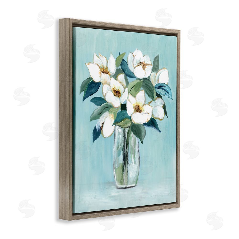 Janet Tava Magnolia Blossoms on Blue Brown Floating Framed Canvas Wall Art