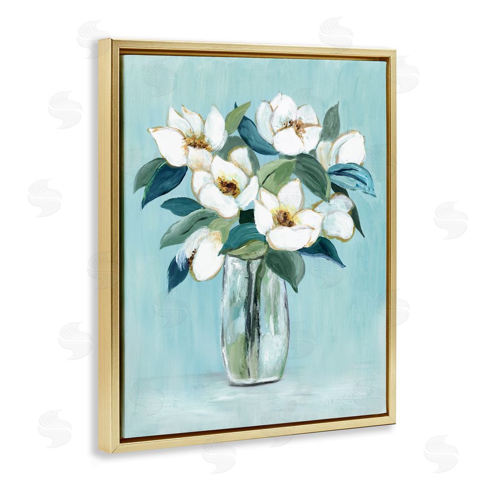 Janet Tava Magnolia Blossoms on Blue Gold Floating Framed Canvas Wall Art