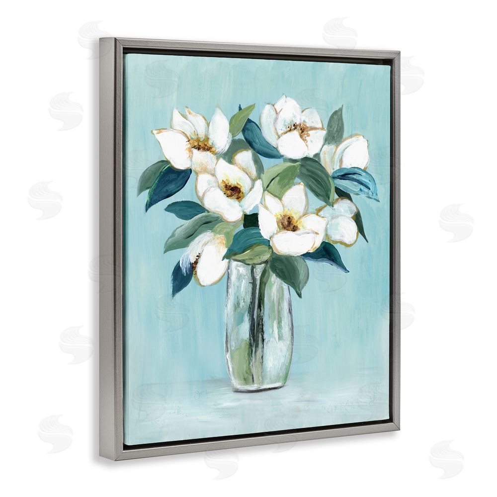 Janet Tava Magnolia Blossoms on Blue Gray Floating Framed Canvas Wall Art