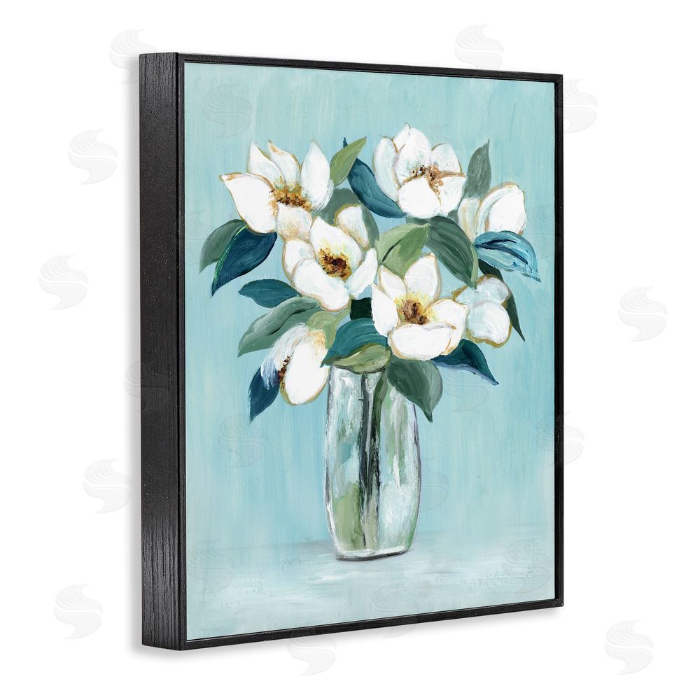 Janet Tava Magnolia Blossoms on Blue Black Framed Giclee Wall Art