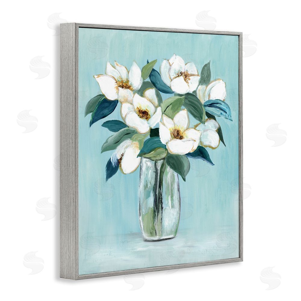 Janet Tava Magnolia Blossoms on Blue Gray Framed Giclee Wall Art