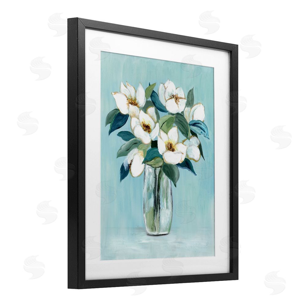 Janet Tava Magnolia Blossoms on Blue Black Framed Print Under Glass Wall Art
