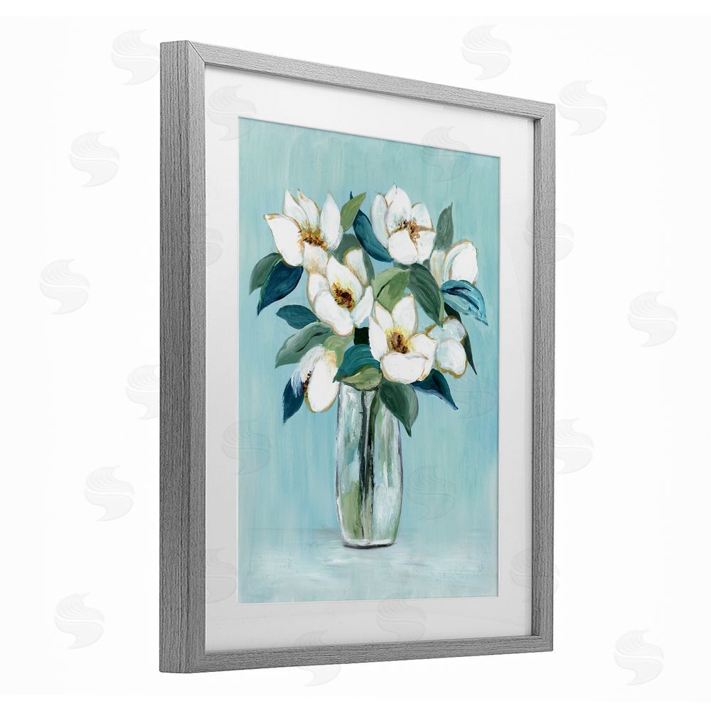 Janet Tava Magnolia Blossoms on Blue Gray Framed Print Under Glass Wall Art