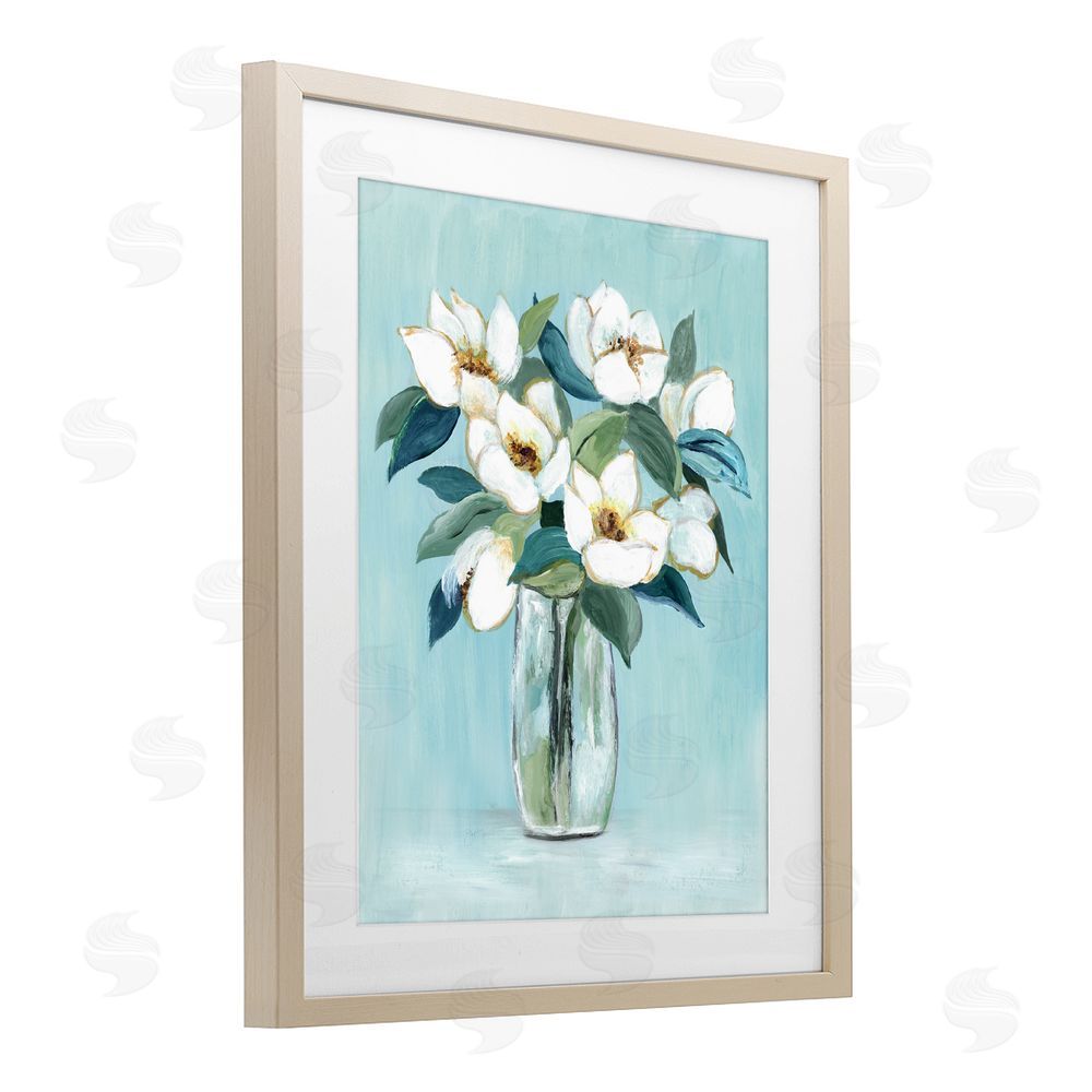 Janet Tava Magnolia Blossoms on Blue Brown Framed Print Under Glass Wall Art