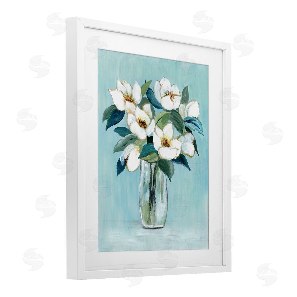 Janet Tava Magnolia Blossoms on Blue White Framed Print Under Glass Wall Art