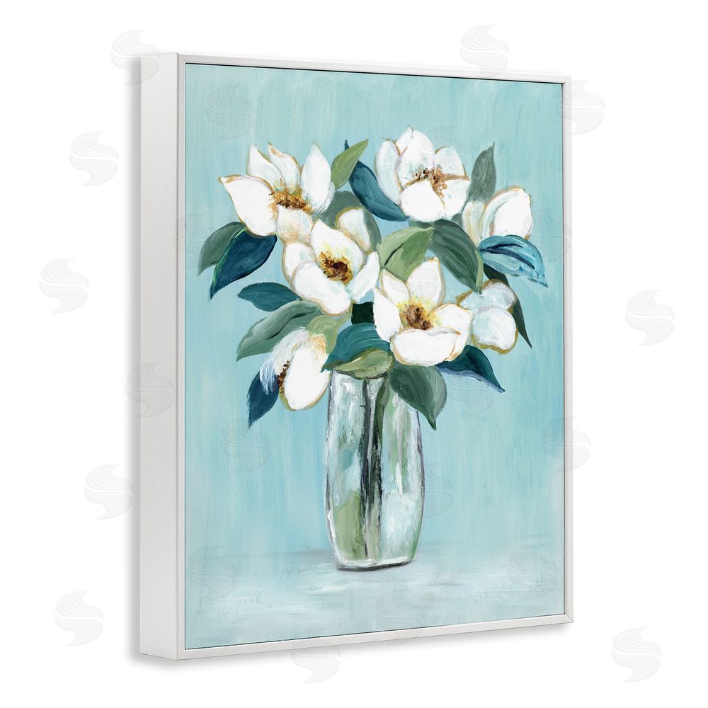 Janet Tava Magnolia Blossoms on Blue White Framed Giclee Wall Art