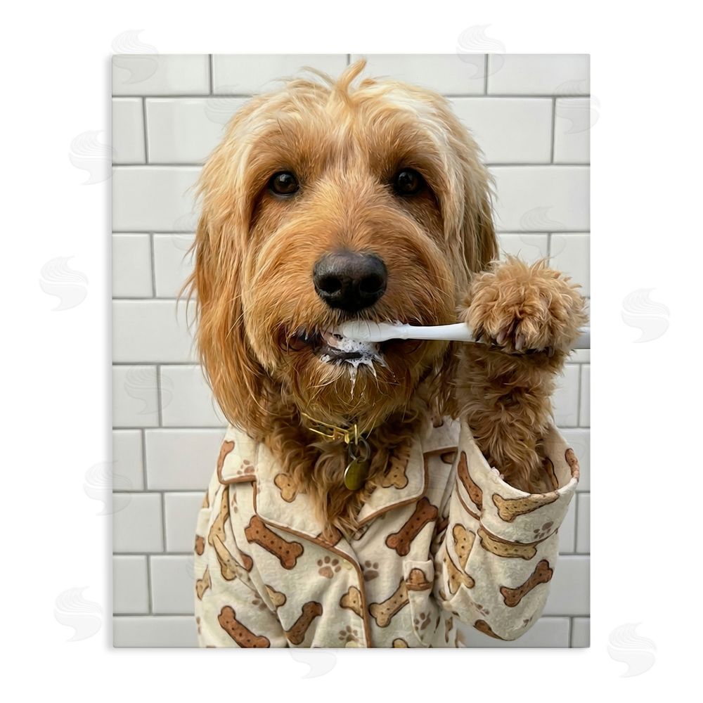 Abigail Walker Realistic Dog Brushing Teeth Stretched Canvas Wall Art