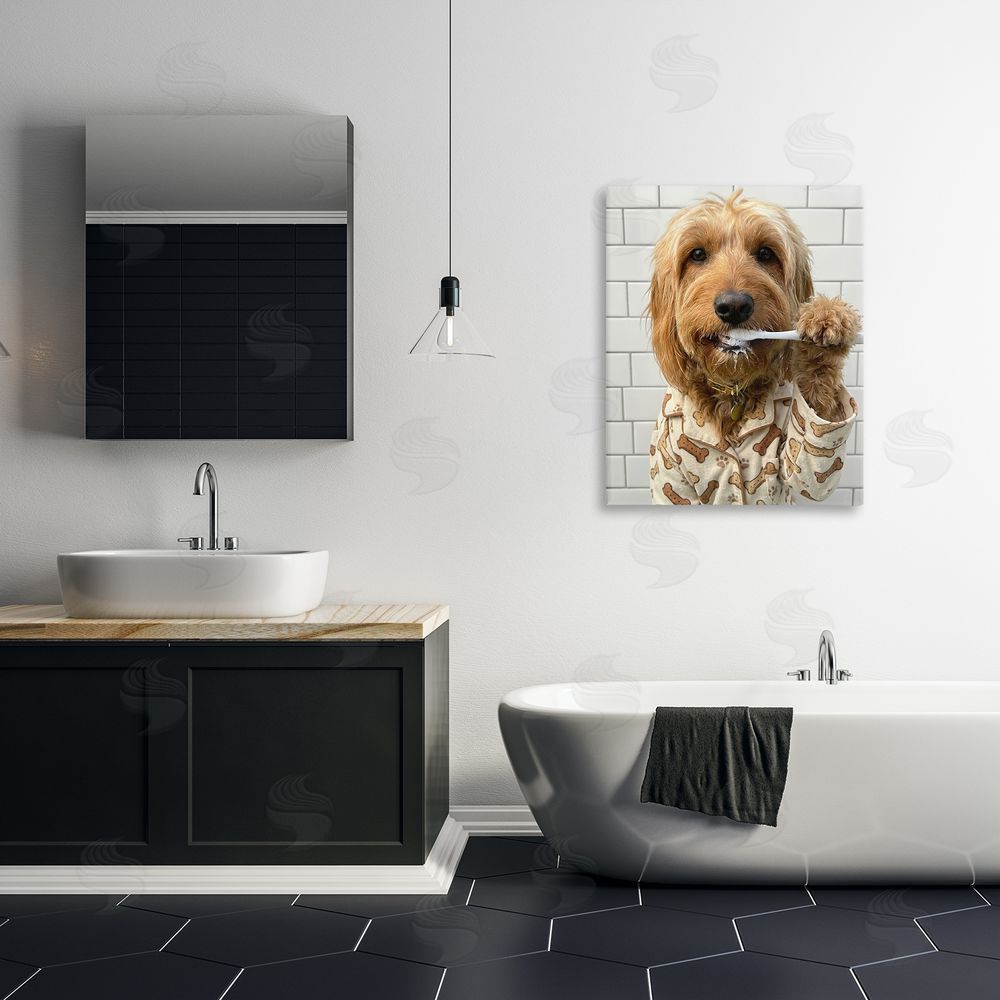 Abigail Walker Realistic Dog Brushing Teeth Stretched Canvas Wall Art in Room