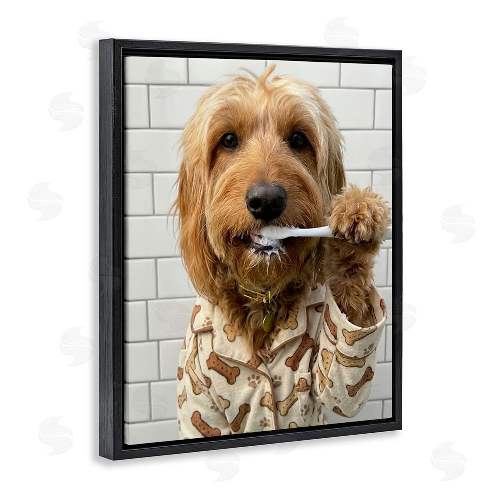 Abigail Walker Realistic Dog Brushing Teeth Black Floating Framed Canvas Wall Art
