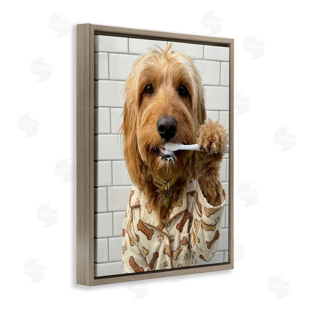 Abigail Walker Realistic Dog Brushing Teeth Brown Floating Framed Canvas Wall Art