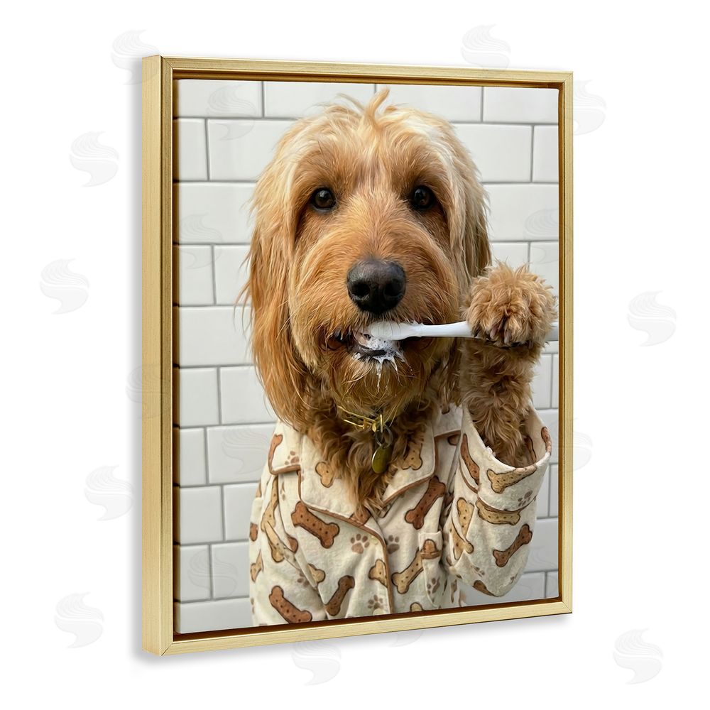 Abigail Walker Realistic Dog Brushing Teeth Gold Floating Framed Canvas Wall Art