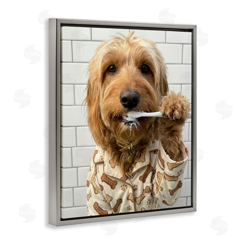 Abigail Walker Realistic Dog Brushing Teeth Gray Floating Framed Canvas Wall Art