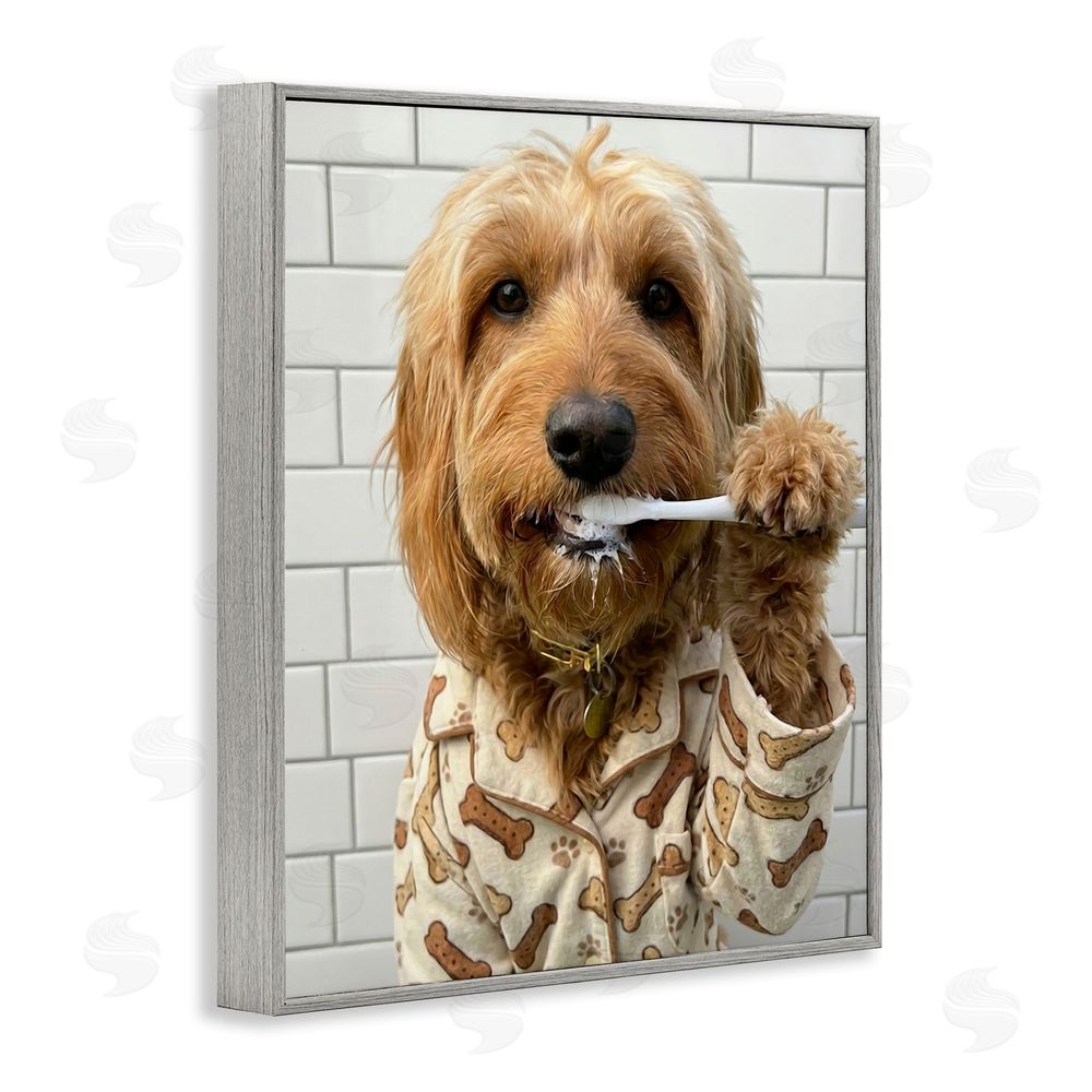 Abigail Walker Realistic Dog Brushing Teeth Gray Framed Giclee Wall Art