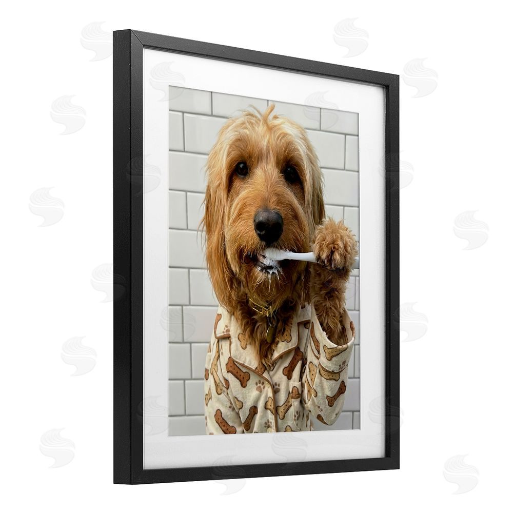 Abigail Walker Realistic Dog Brushing Teeth Black Framed Print Under Glass Wall Art