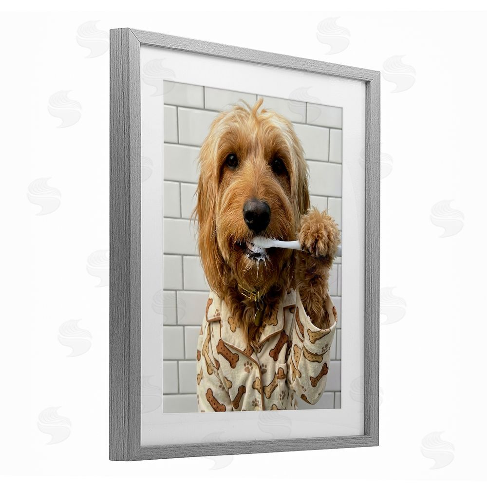 Abigail Walker Realistic Dog Brushing Teeth Gray Framed Print Under Glass Wall Art