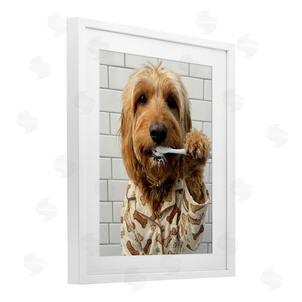 Abigail Walker Realistic Dog Brushing Teeth White Framed Print Under Glass Wall Art