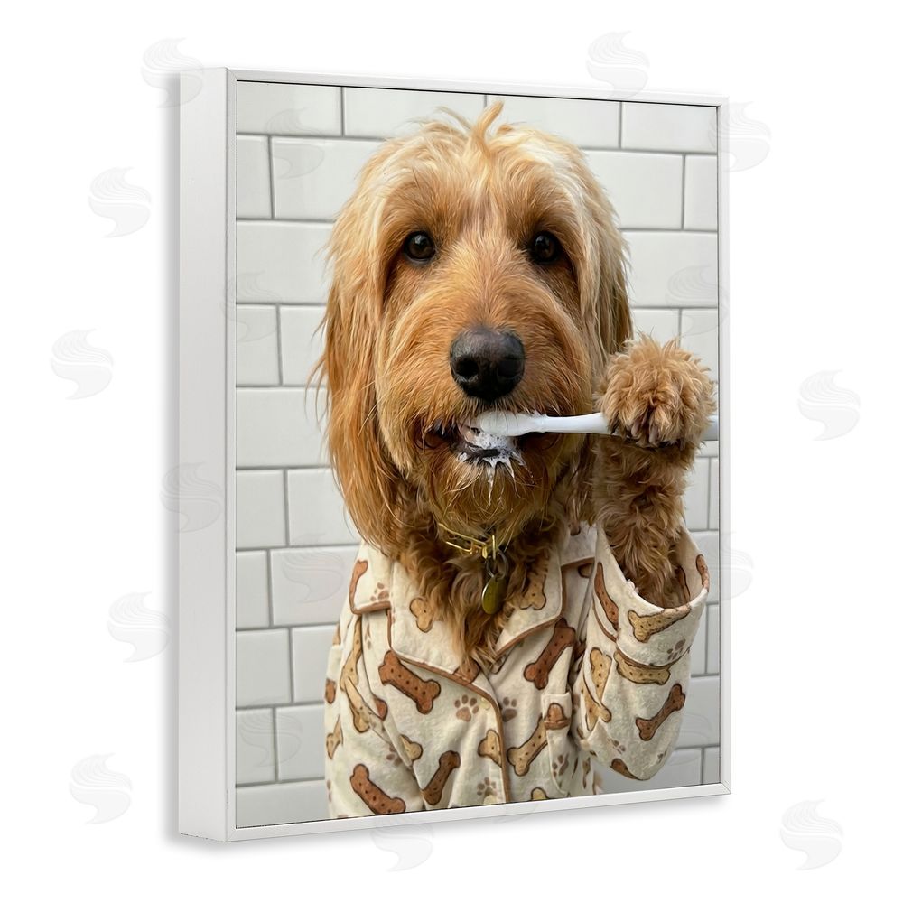 Abigail Walker Realistic Dog Brushing Teeth White Framed Giclee Wall Art