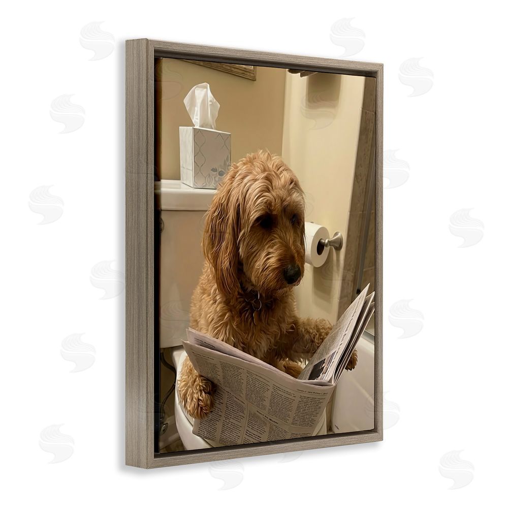 Abigail Walker Dog & Paper on Toilet Brown Floating Frame Canvas Wall Art Print