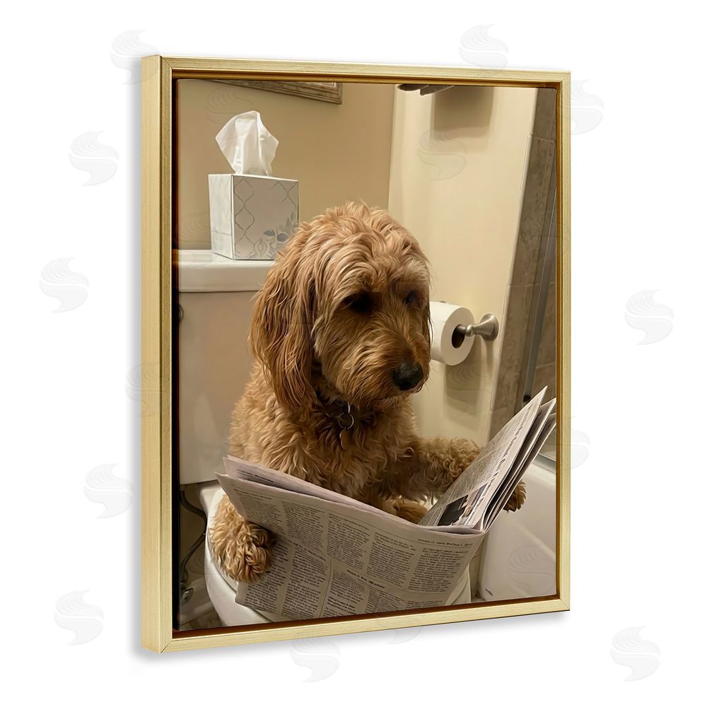 Abigail Walker Dog & Paper on Toilet Gold Floating Frame Canvas Wall Art Print