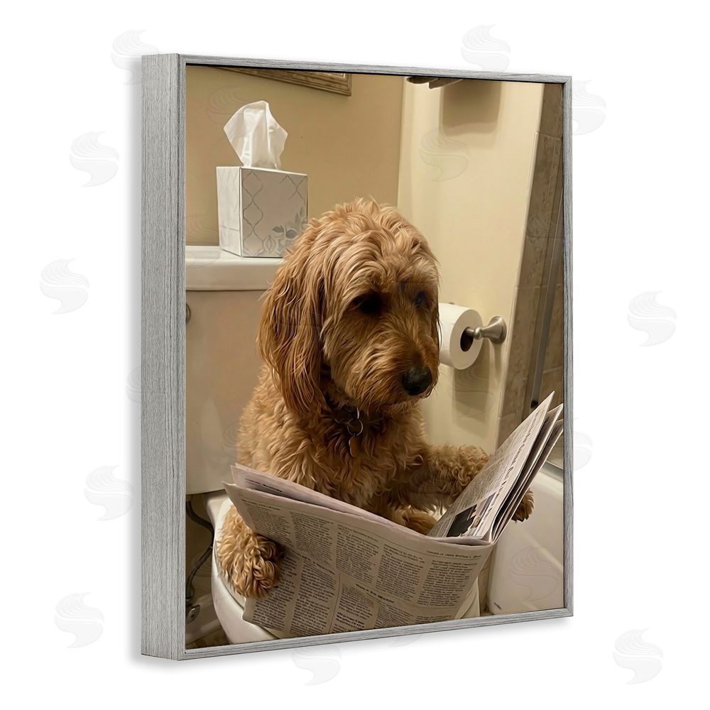 Abigail Walker Dog & Paper on Toilet Gray Framed Giclee Wall Art Print