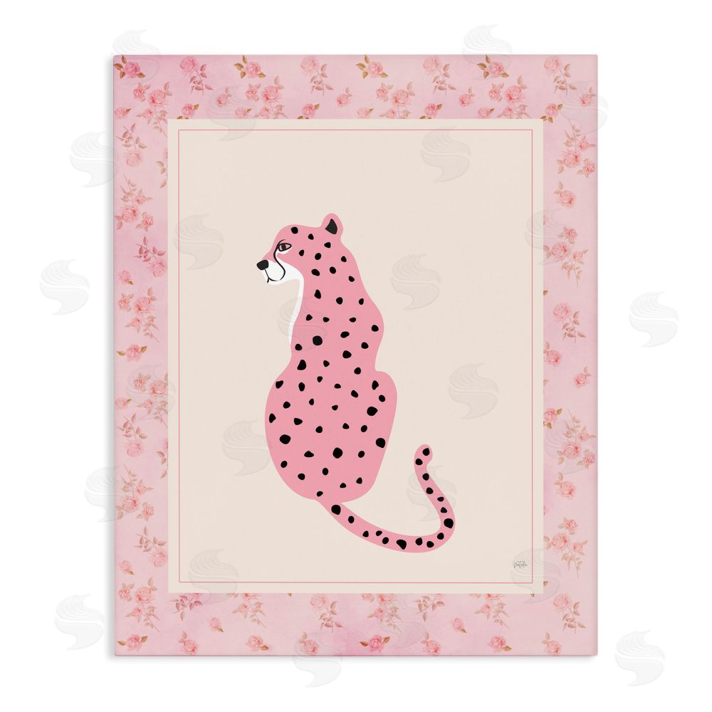 Natalie Carpentieri Pink Sitting Cheetah with Border Stretched Canvas Wall Art