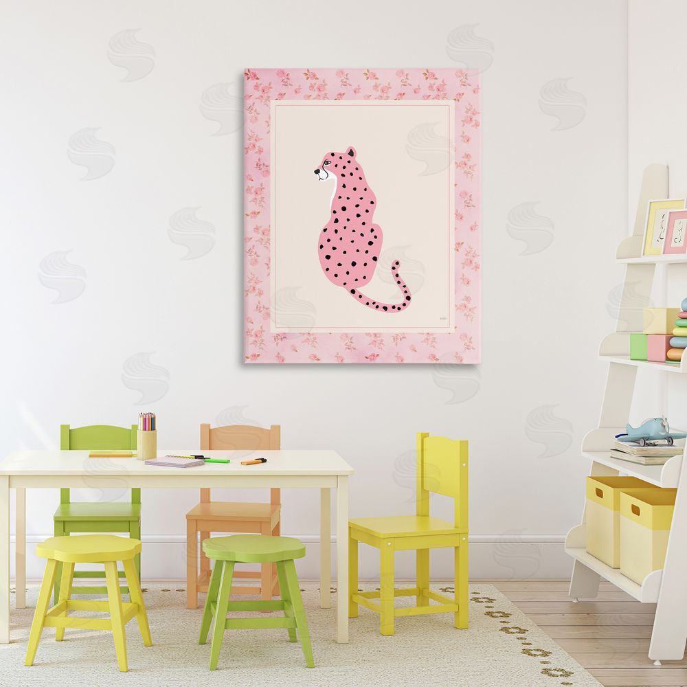 Natalie Carpentieri Pink Sitting Cheetah with Border Stretched Canvas Wall Art in Room
