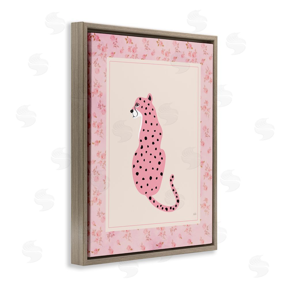 Natalie Carpentieri Pink Sitting Cheetah with Border Brown Floating Framed Canvas Wall Art