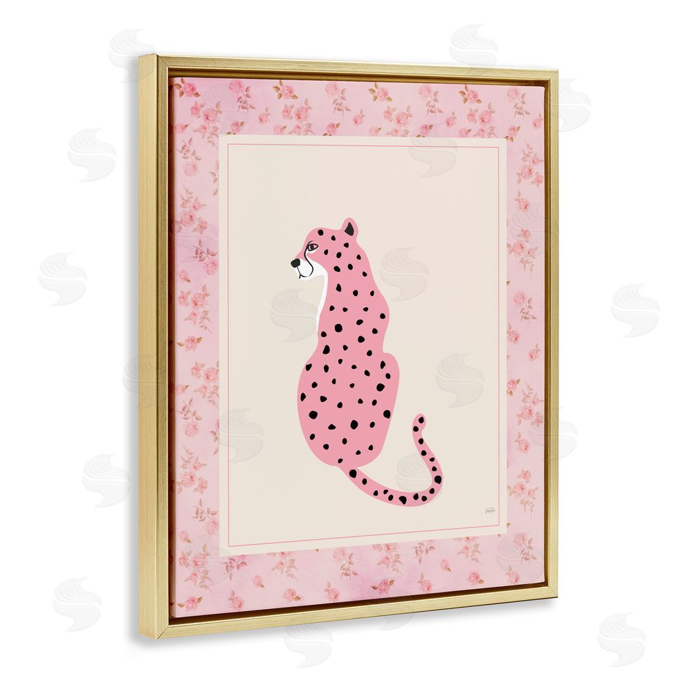 Natalie Carpentieri Pink Sitting Cheetah with Border Gold Floating Framed Canvas Wall Art