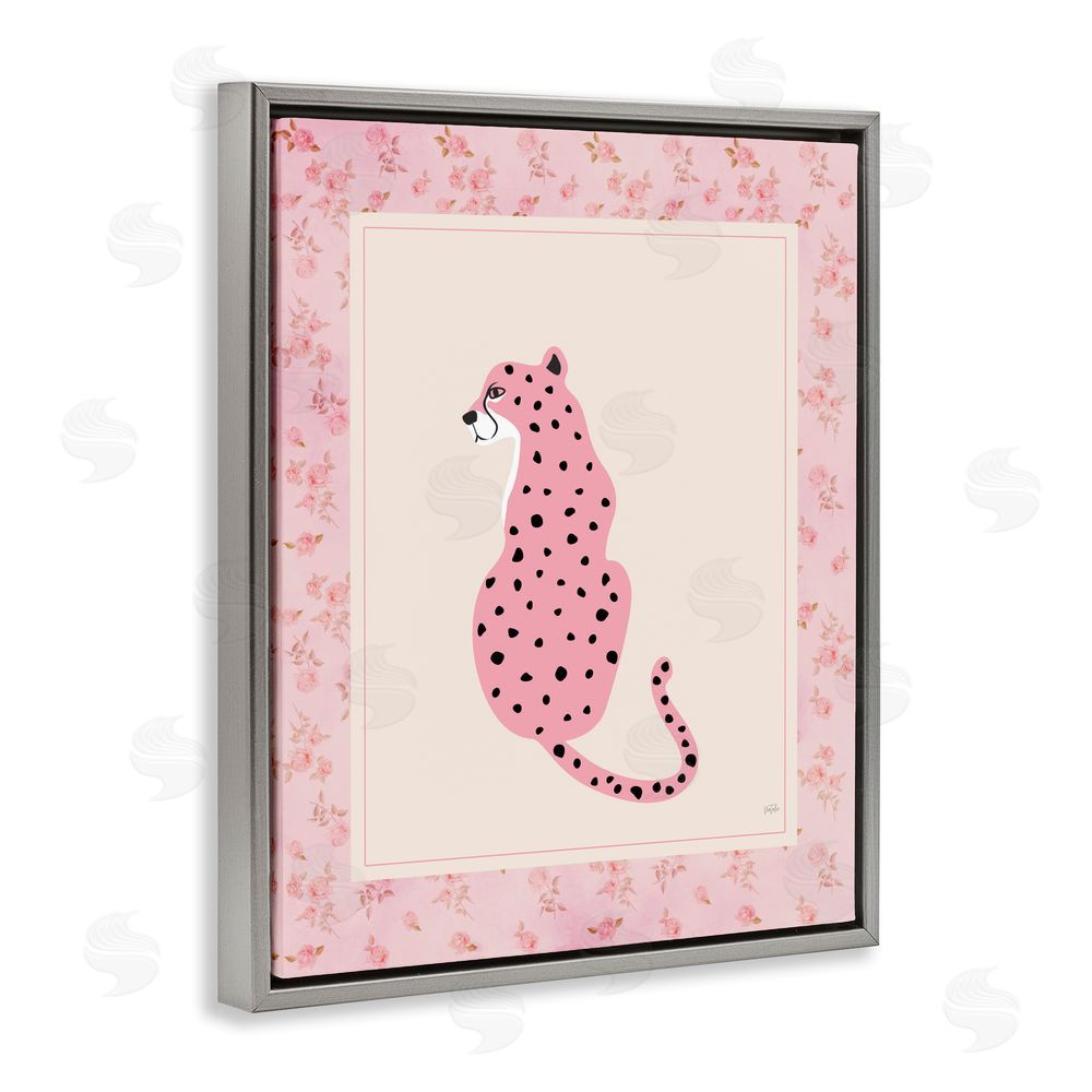 Natalie Carpentieri Pink Sitting Cheetah with Border Gray Floating Framed Canvas Wall Art