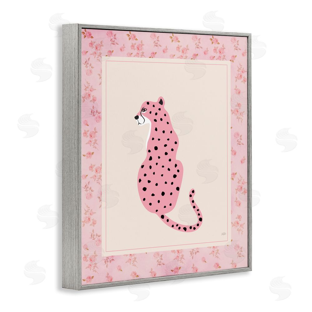 Natalie Carpentieri Pink Sitting Cheetah with Border Gray Framed Giclee Wall Art
